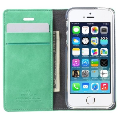 Mercury Blue Moon atverčiamas Apple iPhone SE (5, 5s) mėtinis odinis dėklas - piniginė / Priedai.lt