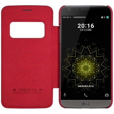 Prabangus „Nillkin“ Qin serijos raudonas odinis atverčiamas LG G5 (H850) dėklas / Priedai.lt