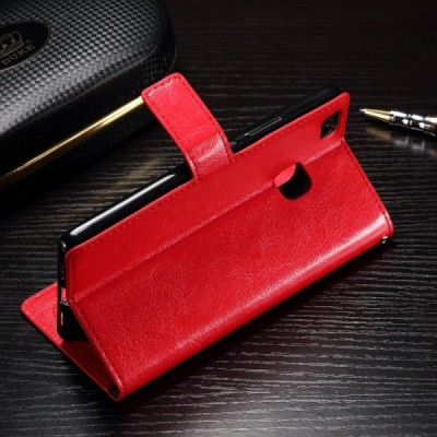 Huawei P9 Lite (Huawei Ascend P9 Lite, Huawei G9 Lite) atverčiamas raudonas odinis dėklas - piniginė / Priedai.lt