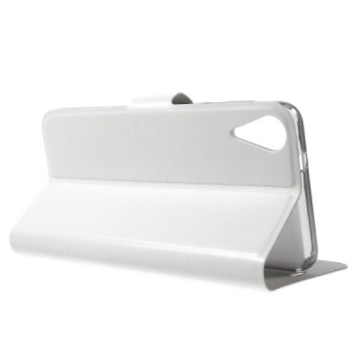 HTC Desire 825 atverčiamas baltas odinis dėklas - piniginė / Priedai.lt