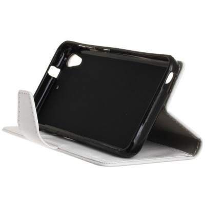 HTC Desire 530 atverčiamas baltas odinis dėklas - piniginė / Priedai.lt