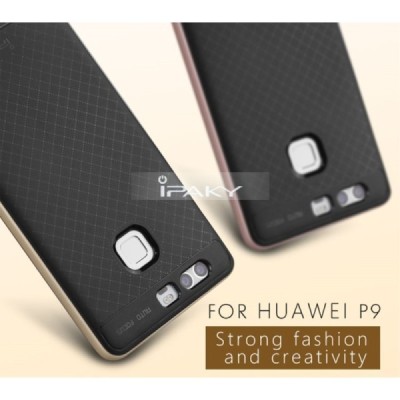 Huawei P9 „IPAKY“ cieta silikona (TPU) melns apvalks (apmales - zeltā krāsā) / Vacins.lv