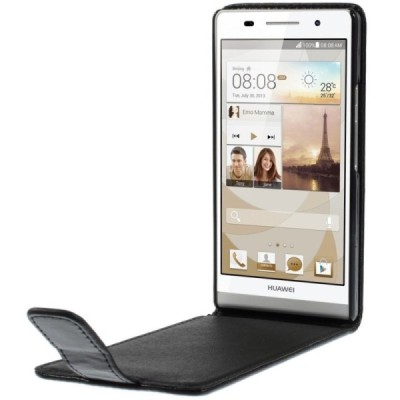 Huawei Ascend P6 klasisks ādas vertikāli atvēramais melns maciņš / Vacins.lv