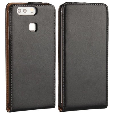 Huawei P9 (Ascend) klasikinis vertikaliai atverčiamas juodas odinis dėklas / Priedai.lt