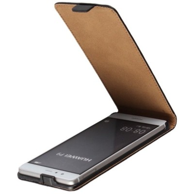 Huawei P9 (Ascend) klasikinis vertikaliai atverčiamas juodas odinis dėklas / Priedai.lt