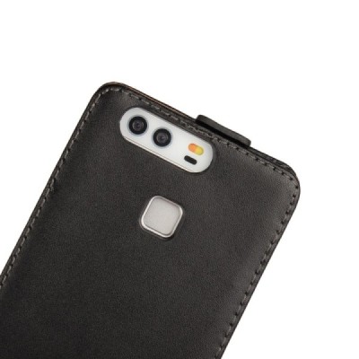 Huawei P9 (Ascend) klasikinis vertikaliai atverčiamas juodas odinis dėklas / Priedai.lt