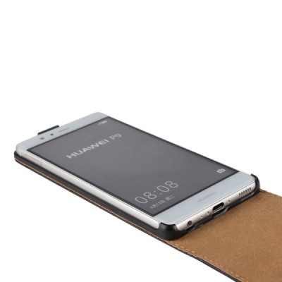 Huawei P9 (Ascend) klasikinis vertikaliai atverčiamas juodas odinis dėklas / Priedai.lt