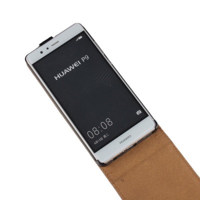 Huawei P9 (Ascend) klasikinis vertikaliai atverčiamas juodas odinis dėklas / Priedai.lt