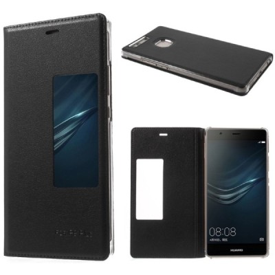 Huawei P9 Plus melns atvēramais Smart Window ādas maciņš / Vacins.lv