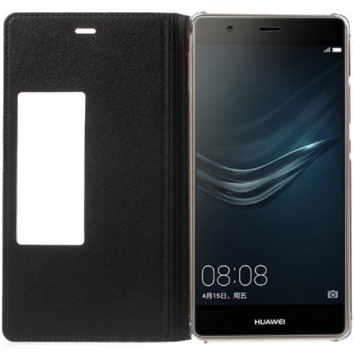 Huawei P9 Plus melns atvēramais Smart Window ādas maciņš / Vacins.lv