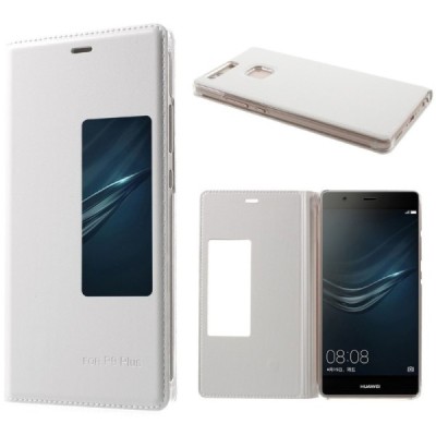 Huawei P9 Plus baltas odinis atverčiamas „Smart Window“ dėklas su langeliu / Priedai.lt
