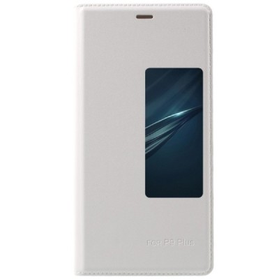 Huawei P9 Plus baltas odinis atverčiamas „Smart Window“ dėklas su langeliu / Priedai.lt