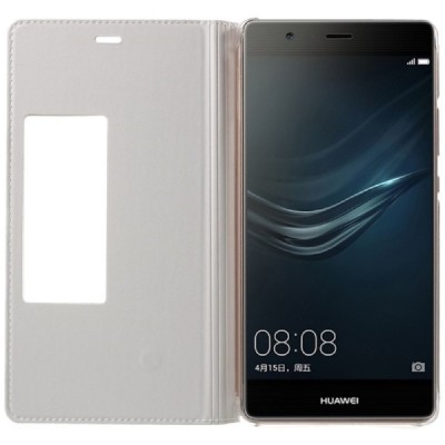 Huawei P9 Plus baltas odinis atverčiamas „Smart Window“ dėklas su langeliu / Priedai.lt