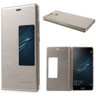 Huawei P9 Plus auksinis odinis atverčiamas „Smart Window“ dėklas su langeliu / Priedai.lt
