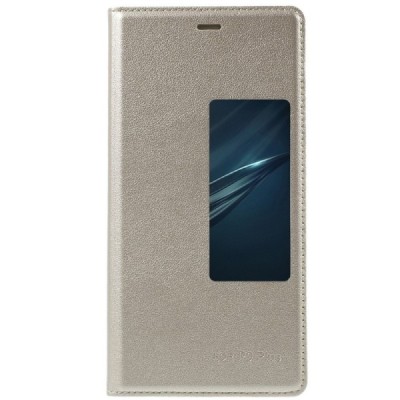 Huawei P9 Plus auksinis odinis atverčiamas „Smart Window“ dėklas su langeliu / Priedai.lt