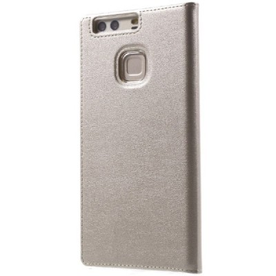 Huawei P9 Plus auksinis odinis atverčiamas „Smart Window“ dėklas su langeliu / Priedai.lt