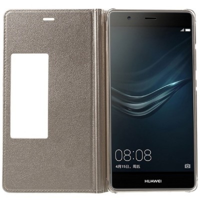 Huawei P9 Plus auksinis odinis atverčiamas „Smart Window“ dėklas su langeliu / Priedai.lt