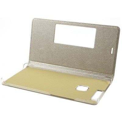 Huawei P9 Plus auksinis odinis atverčiamas „Smart Window“ dėklas su langeliu / Priedai.lt