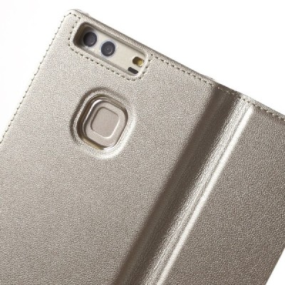 Huawei P9 Plus auksinis odinis atverčiamas „Smart Window“ dėklas su langeliu / Priedai.lt