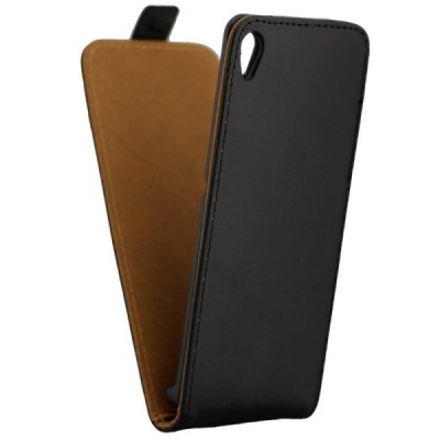 Sony Xperia XA vertikaliai (žemyn) atverčiamas juodas odinis dėklas / Priedai.lt