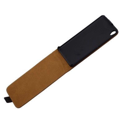 Sony Xperia XA vertikaliai (žemyn) atverčiamas juodas odinis dėklas / Priedai.lt