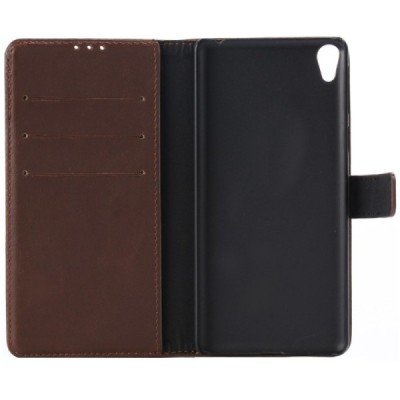 Sony Xperia E5 atvēramais ādas tumši brūns retro maciņš (maks) / Vacins.lv