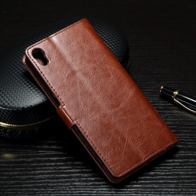 Sony Xperia X Performance atvēramais ādas brūns maciņš (maks) / Vacins.lv