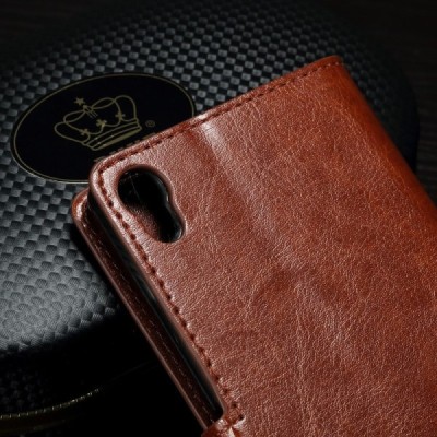 Sony Xperia X Performance atvēramais ādas brūns maciņš (maks) / Vacins.lv