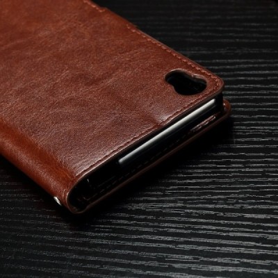 Sony Xperia X Performance atvēramais ādas brūns maciņš (maks) / Vacins.lv