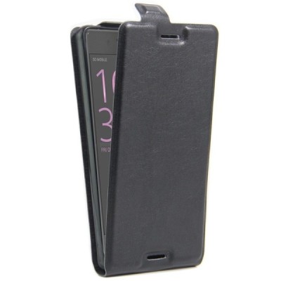 Sony Xperia X Performance ādas vertikāli atvēramais melns futrālis / Vacins.lv