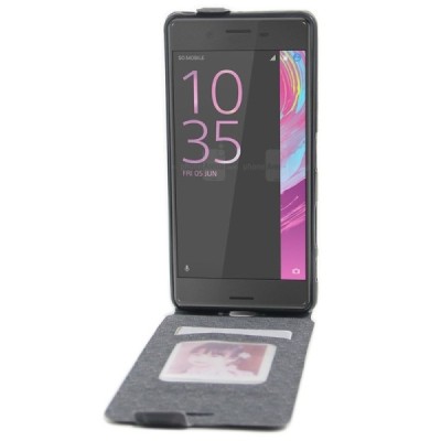 Sony Xperia X Performance ādas vertikāli atvēramais melns futrālis / Vacins.lv