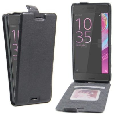 Sony Xperia X Performance ādas vertikāli atvēramais melns futrālis / Vacins.lv