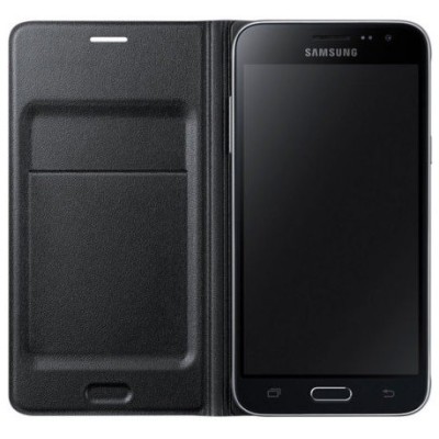 Samsung Galaxy J3 2016 (J320) originalus Flip Wallet Cover atverčiamas juodas odinis dėklas - piniginė / Priedai.lt