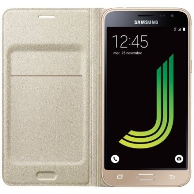 Samsung Galaxy J3 2016 (J320) oficiāls Flip Wallet Cover atvērams zelta ādas maciņš (maks) / Vacins.lv
