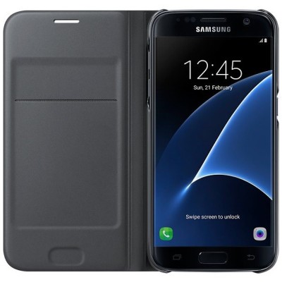 Samsung Galaxy S7 (G930) oficiāls Flip Wallet Cover atvērams melns ādas maciņš (maks) / Vacins.lv