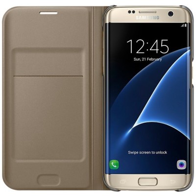 Samsung Galaxy S7 Edge (G935) oficiāls Flip Wallet Cover atvērams zelta ādas maciņš (maks) / Vacins.lv