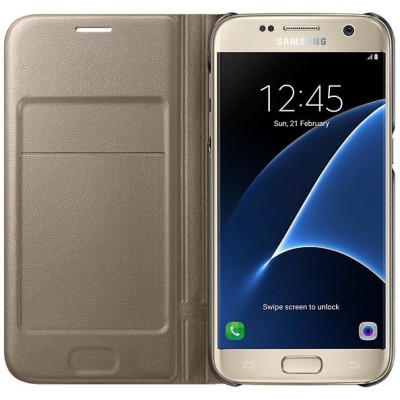 Samsung Galaxy S7 (G930) oficiāls Led View Cover atvērams zelta ādas maciņš (maks) / Vacins.lv
