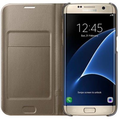 Samsung Galaxy S7 Edge (G935) oficiāls Led View Cover atvērams zelta ādas maciņš (maks) / Vacins.lv