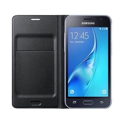 Samsung Galaxy J1 2016 (J120) oficiāls Flip Wallet Cover atvērams melns ādas maciņš (maks) / Vacins.lv