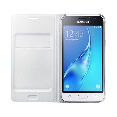 Samsung Galaxy J1 2016 (J120) oficiāls Flip Wallet Cover atvērams balts ādas maciņš (maks) / Vacins.lv