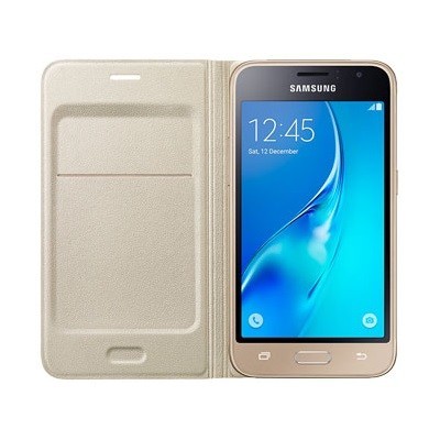 Samsung Galaxy J1 2016 (J120) oficiāls Flip Wallet Cover atvērams zelta ādas maciņš (maks) / Vacins.lv