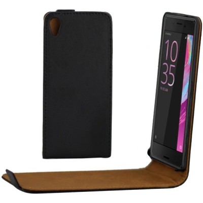 Sony Xperia X (F5121, F5122) vertikaliai (žemyn) atverčiamas juodas odinis dėklas / Priedai.lt