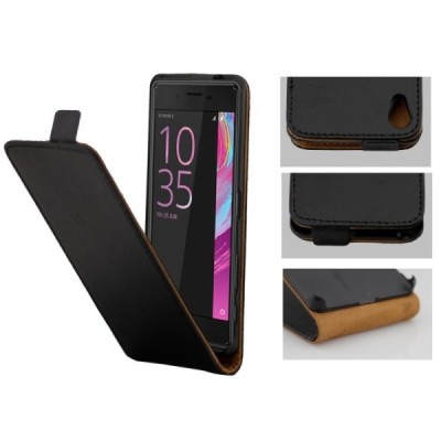 Sony Xperia X (F5121, F5122) vertikaliai (žemyn) atverčiamas juodas odinis dėklas / Priedai.lt
