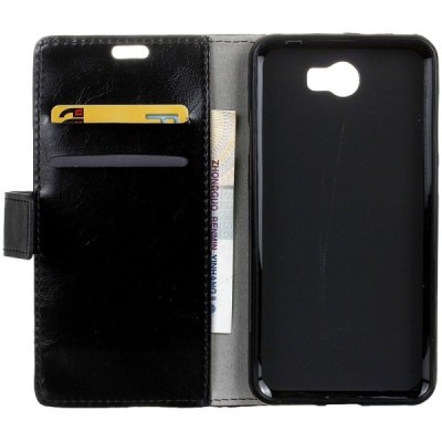 Huawei Y5 II (Huawei Y5 2, Huawei Honor 5, Huawei Honor Play 5, Huawei Honor 5 Play) atvēramais ādas melns maciņš, grāmata (maks