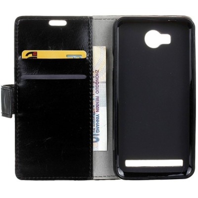 Huawei Y3 II (Huawei Y3 2) atverčiamas juodas odinis dėklas, knygutė - piniginė / Priedai.lt