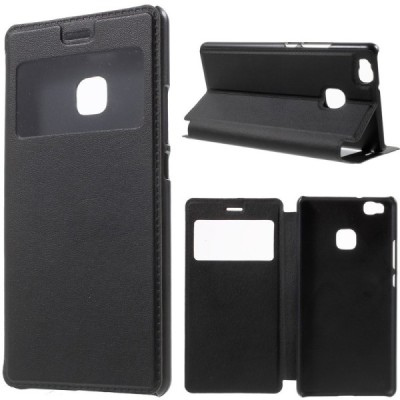 Huawei P9 Lite melns atvēramais Smart Window ādas maciņš / Vacins.lv