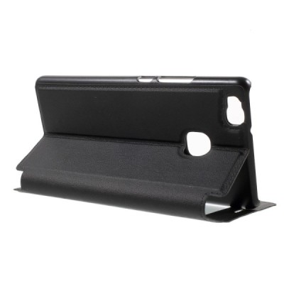 Huawei P9 Lite melns atvēramais Smart Window ādas maciņš / Vacins.lv