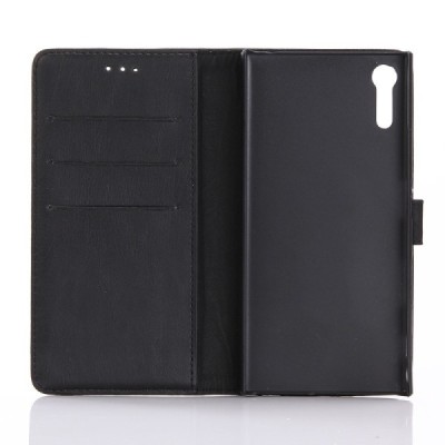 Sony Xperia XZ atvēramais ādas melns retro maciņš (maks) / Vacins.lv