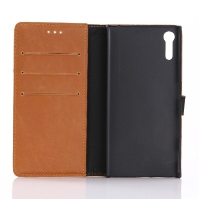 Sony Xperia XZ atverčiamas šviesiai rudas odinis retro dėklas - piniginė / Priedai.lt