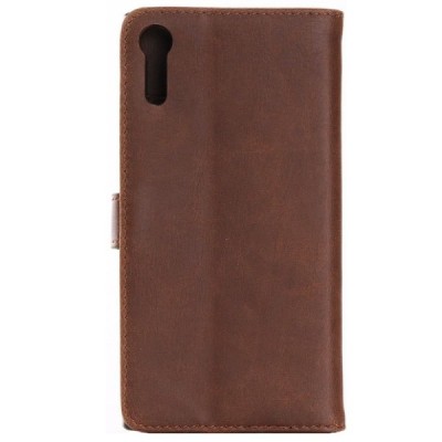 Sony Xperia XZ atverčiamas tamsiai rudas odinis retro dėklas - piniginė / Priedai.lt